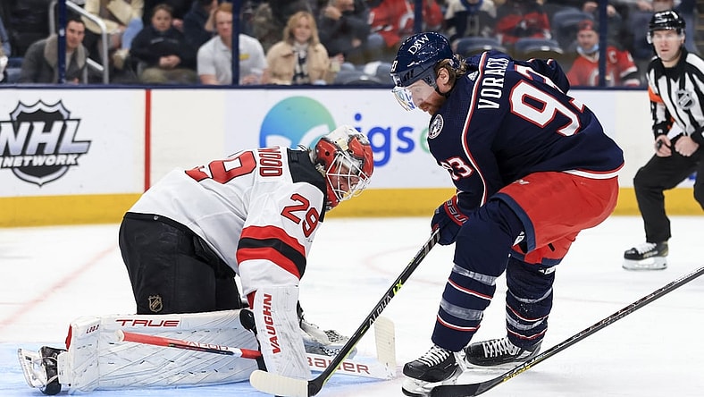 Jan 8, 2022; Columbus, Ohio, USA;  New Jersey Devils goaltender Mackenzie Blackwood (29) makes a save in net against Columbus Blue Jackets right wing Jakub Voracek (93) in the second period at Nationwide Arena. Mandatory Credit: Aaron Doster-USA TODAY Sports