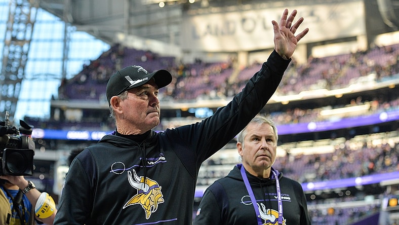 Jan 9, 2022; Minneapolis, Minnesota, USA; Minnesota Vikings head coach Mike Zimmer waves to the crowd after the game against the Chicago Bears at U.S. Bank Stadium. Mandatory Credit: Jeffrey Becker-USA TODAY Sports
