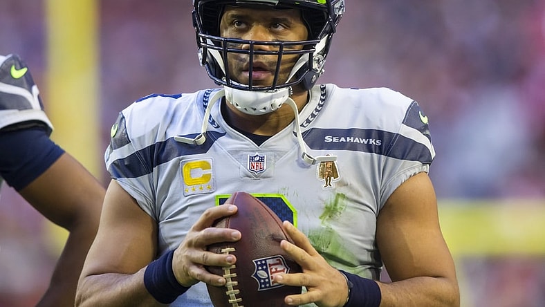 Jan 9, 2022; Glendale, Arizona, USA; Seattle Seahawks quarterback Russell Wilson (3) against the Arizona Cardinals at State Farm Stadium. Mandatory Credit: Mark J. Rebilas-USA TODAY Sports