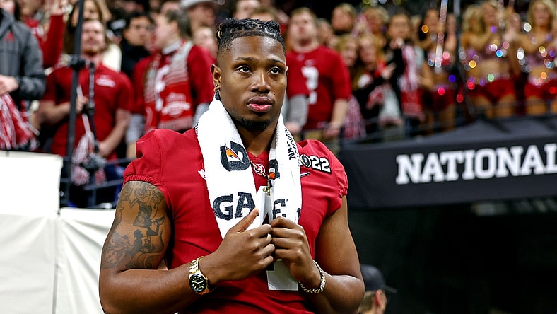 Jan 10, 2022; Indianapolis, IN, USA; Alabama Crimson Tide wide receiver Jameson Williams (1) on the sidelines during the second half after the game in the 2022 CFP college football national championship game at Lucas Oil Stadium. Mandatory Credit: Mark J. Rebilas-USA TODAY Sports