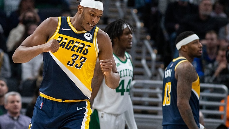 Jan 12, 2022; Indianapolis, Indiana, USA; Indiana Pacers center Myles Turner (33) reacts to basket in the second half against the Boston Celtics at Gainbridge Fieldhouse. Mandatory Credit: Trevor Ruszkowski-USA TODAY Sports