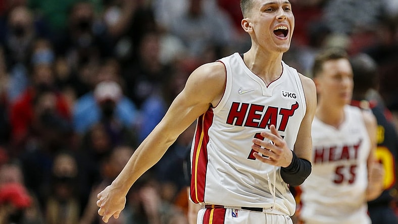 Jan 14, 2022; Miami, Florida, USA; Miami Heat guard Tyler Herro (14) reacts on the court during the second quarter of the game against the Atlanta Hawks at FTX Arena. Mandatory Credit: Sam Navarro-USA TODAY Sports