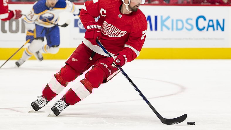 Jan 15, 2022; Detroit, Michigan, USA; Detroit Red Wings center Dylan Larkin (71) skates with the puck during the first period against the St. Louis Blues at Little Caesars Arena. Mandatory Credit: Raj Mehta-USA TODAY Sports