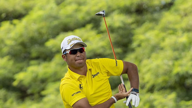 January 16, 2022; Honolulu, Hawaii, USA; Hideki Matsuyama reacts after hitting his tee shot on the second hole during the final round of the Sony Open in Hawaii golf tournament at Waialae Country Club. Mandatory Credit: Kyle Terada-USA TODAY Sports