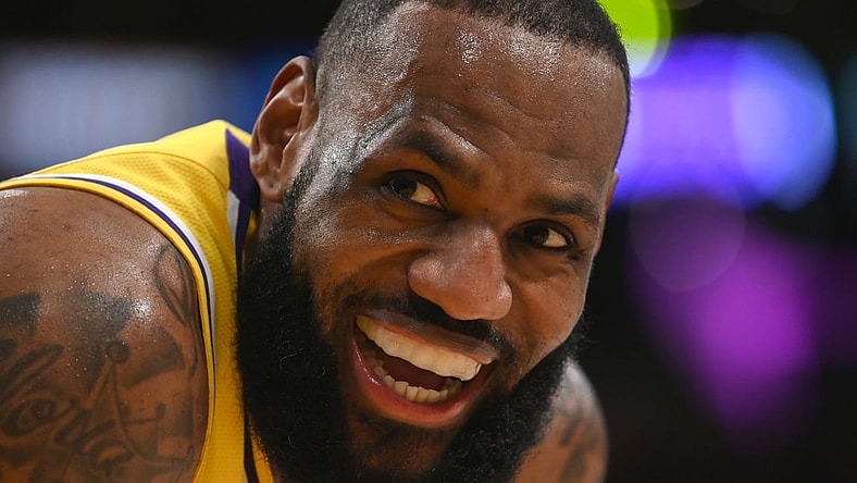 Jan 17, 2022; Los Angeles, California, USA; Los Angeles Lakers forward LeBron James (6) laughs on the court during the game against the Utah Jazz at Crypto.com Arena. Mandatory Credit: Jayne Kamin-Oncea-USA TODAY Sports