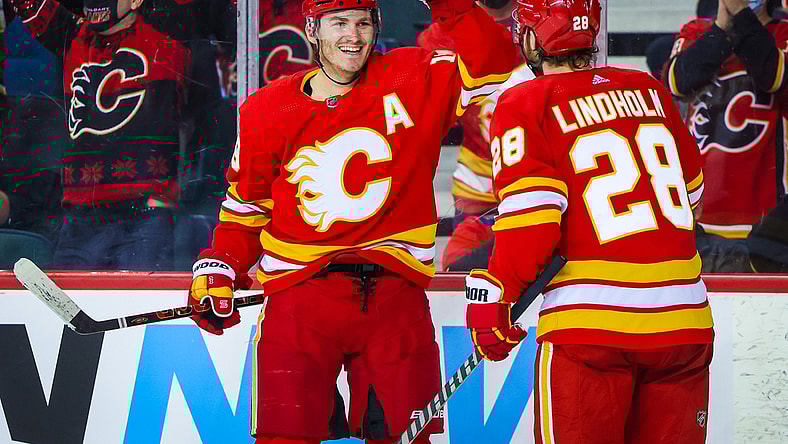 Jan 18, 2022; Calgary, Alberta, CAN; Calgary Flames left wing Matthew Tkachuk (19) scores a goal with center Elias Lindholm (28) against the Florida Panthers during the third period at Scotiabank Saddledome. Mandatory Credit: Sergei Belski-USA TODAY Sports