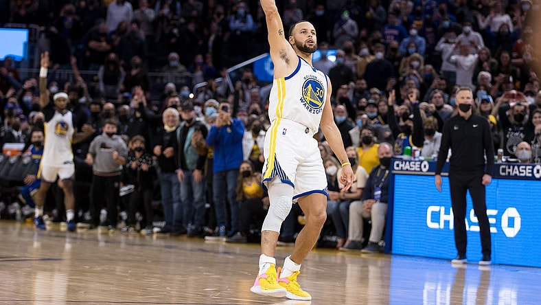 Jan 21, 2022; San Francisco, California, USA;  Golden State Warriors guard Stephen Curry (30) celebrates after making the game-winning shot in the last seconds of the second half of the game against the Houston Rockets at Chase Center. Mandatory Credit: John Hefti-USA TODAY Sports