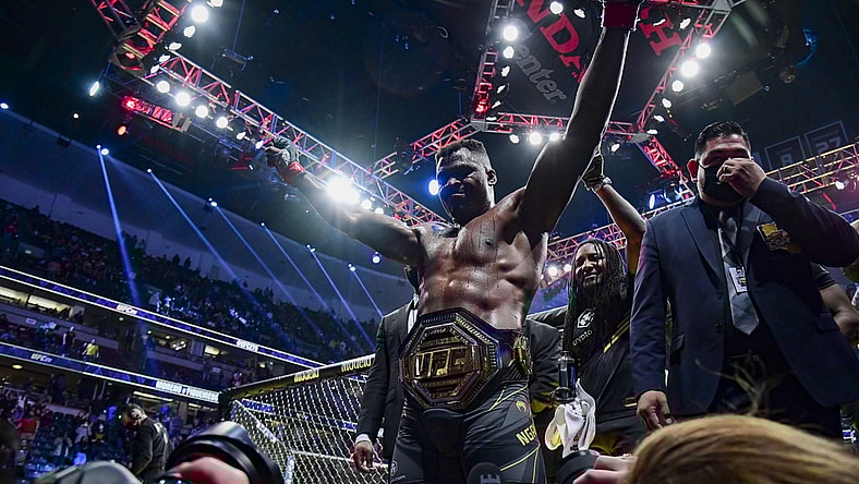 Jan 22, 2022; Anaheim, California, USA; Francis Ngannou leaves the octagon after the win against Ciryl Gane during UFC 270 at Honda Center. Mandatory Credit: Gary A. Vasquez-USA TODAY Sports