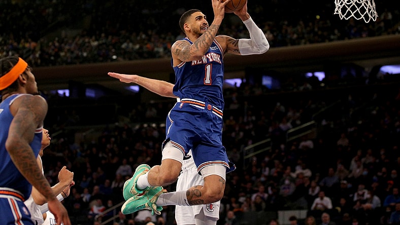 Jan 23, 2022; New York, New York, USA; New York Knicks forward Obi Toppin (1) drives to the basket against Los Angeles Clippers guard Luke Kennard (5) during the second quarter at Madison Square Garden. Mandatory Credit: Brad Penner-USA TODAY Sports