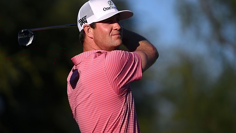 Jan 23, 2022; La Quinta, California, USA; Hudson Swafford plays his shot from the 18th tee during the final round of the American Express golf tournament at Pete Dye Stadium Course. Mandatory Credit: Orlando Ramirez-USA TODAY Sports