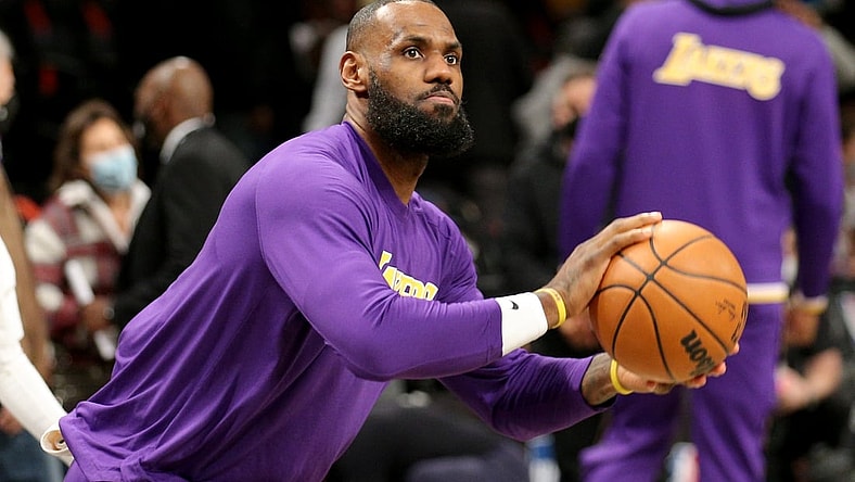 Jan 25, 2022; Brooklyn, New York, USA; Los Angeles Lakers forward LeBron James (6) warms up before a game against the Brooklyn Nets at Barclays Center. Mandatory Credit: Brad Penner-USA TODAY Sports