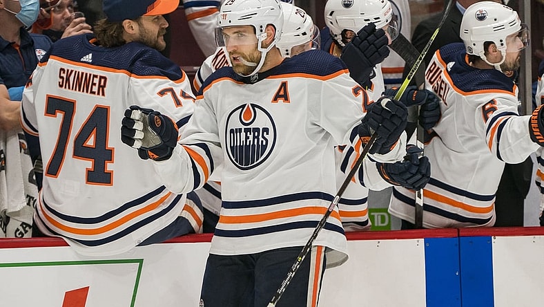 Jan 25, 2022; Vancouver, British Columbia, CAN; Edmonton Oilers forward Leon Draisaitl (29) celebrates his goal against the Vancouver Canucks in the third period at Rogers Arena. Oilers won 3-2 in Overtime. Mandatory Credit: Bob Frid-USA TODAY Sports
