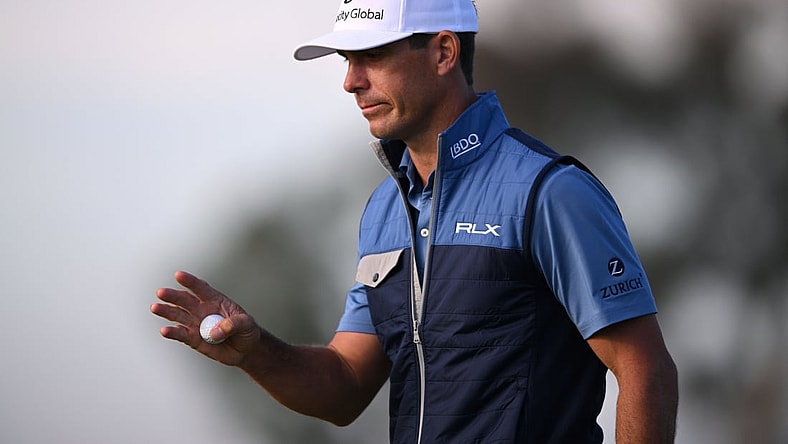 Jan 27, 2022; San Diego, California, USA;  Billy Horschel acknowledges the crowd after a putt on the 18th green during the first round of the Farmers Insurance Open golf tournament at Torrey Pines Municipal Golf Course - North Course. Mandatory Credit: Orlando Ramirez-USA TODAY Sports