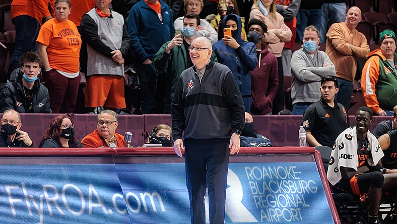 Jan 26, 2022; Blacksburg, Virginia, USA; Miami Hurricanes head coach Jim Larra aga reacts during a game against the Virginia Tech Hokies at Cassell Coliseum. Mandatory Credit: Ryan Hunt-USA TODAY Sports