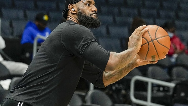 Jan 28, 2022; Charlotte, North Carolina, USA; Los Angeles Lakers forward LeBron James (6) during pregame warm ups against the Charlotte Hornets at the Spectrum Center. Mandatory Credit: Jim Dedmon-USA TODAY Sports