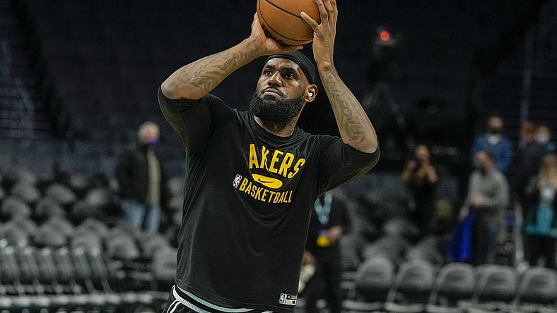 Jan 28, 2022; Charlotte, North Carolina, USA; Los Angeles Lakers forward LeBron James (6) during pregame warm ups against the Charlotte Hornets at the Spectrum Center. Mandatory Credit: Jim Dedmon-USA TODAY Sports