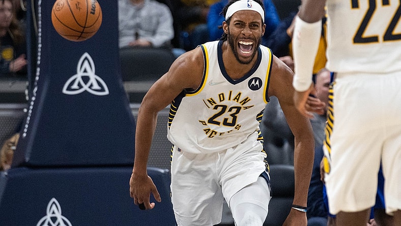 Jan 31, 2022; Indianapolis, Indiana, USA; Indiana Pacers forward Isaiah Jackson (23) reacts to a made basket in the second half against the LA Clippers at Gainbridge Fieldhouse. Mandatory Credit: Trevor Ruszkowski-USA TODAY Sports