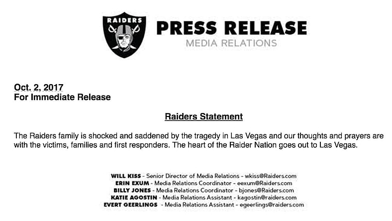 Las Vegas Raiders Report STatement Las VEgas shooting