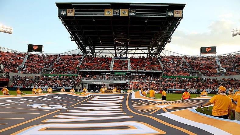 May 5, 2018; Houston, TX, USA; A giant Dynamo logo is laid on the pitch before the  Los Angeles Galaxy play the Houston Dynamo in the first half at BBVA Compass Stadium. Mandatory Credit: Thomas B. Shea-USA TODAY Sports