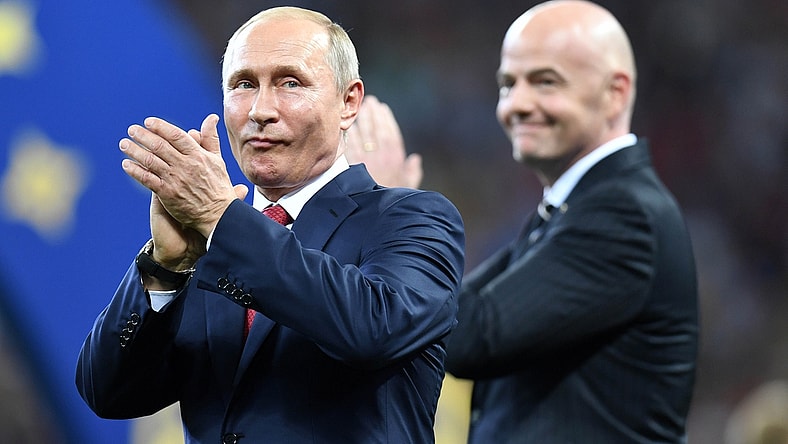 July 15, 2018; Moscow, Russia; Russia president Vladimir Putin and FIFA president Gianni Infantino present the trophy to France after the final of the FIFA World Cup 2018 against Croatia at Luzhniki Stadium. Mandatory Credit: Tim Groothuis/Witters Sport via USA TODAY Sports