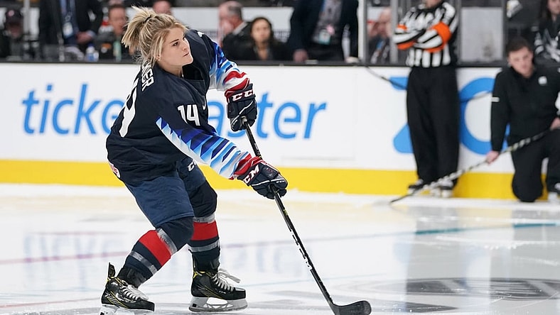 Jan 25, 2019; San Jose, CA, USA; USA women's ice hockey player Brianna Decker in the premier passer competition in the 2019 NHL All Star Game skills competition at SAP Center. Mandatory Credit: Kyle Terada-USA TODAY Sports