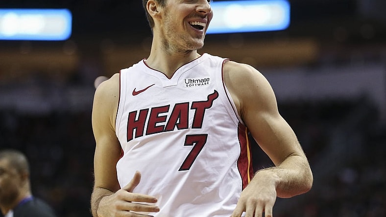 Feb 28, 2019; Houston, TX, USA; Miami Heat guard Goran Dragic (7) smiles after making a basket during the fourth quarter against the Houston Rockets at Toyota Center. Mandatory Credit: Troy Taormina-USA TODAY Sports