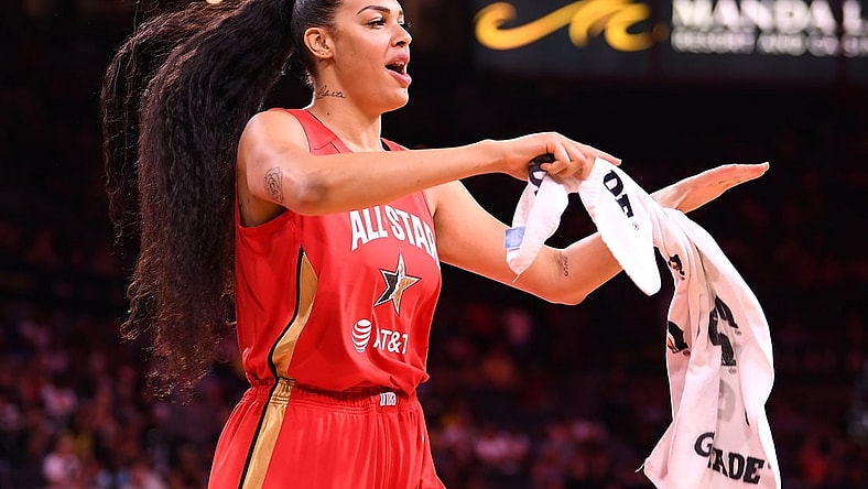 Jul 27, 2019; Las Vegas, NV, USA; Team Wilson forward Liz Cambage celebrates after Team Wilson defeated Team Delle Donne in the WNBA All Star Game at Mandalay Bay Events Center. Mandatory Credit: Stephen R. Sylvanie-USA TODAY Sports