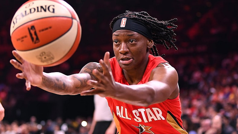 Jul 27, 2019; Las Vegas, NV, USA; Team Wilson guard Erica Wheeler (17) reaches for the ball during the first half of the WNBA All Star Game at Mandalay Bay Events Center. Mandatory Credit: Stephen R. Sylvanie-USA TODAY Sports