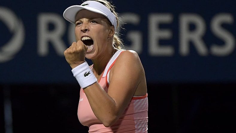 Aug 5, 2019; Toronto, Ontario, Canada;   Anett Kontaveit (Estonia) celebrates after winning a point during her victory over Maria Sharapova (Russia) during the Rogers Cup tennis tournament at Aviva Centre. Mandatory Credit: Dan Hamilton-USA TODAY Sports
