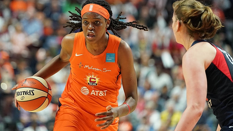 Oct 8, 2019; Uncasville, CT, USA; Connecticut Sun forward Jonquel Jones (35) drives the ball against the Washington Mystics during the second quarter in game four of the 2019 WNBA Finals at Mohegan Sun Arena. Mandatory Credit: David Butler II-USA TODAY Sports