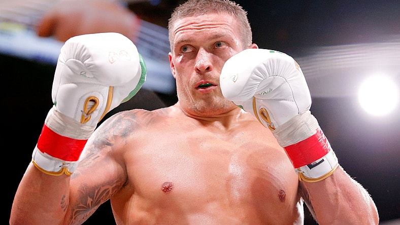 Oct 12, 2019; Chicago, IL, USA; Oleksandr Usyk (white trunks) during his match against Chazz Witherspoon (not pictured) during a heavyweight boxing match at Wintrust Arena. Mandatory Credit: Jon Durr-USA TODAY Sports
