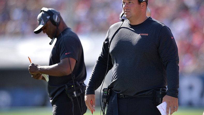 Oct 13, 2019; Los Angeles, CA, USA; San Francisco 49ers coach Chris Kiffin (right) looks on during the second half against the Los Angeles Rams at Los Angeles Memorial Coliseum. Mandatory Credit: Orlando Ramirez-USA TODAY Sports