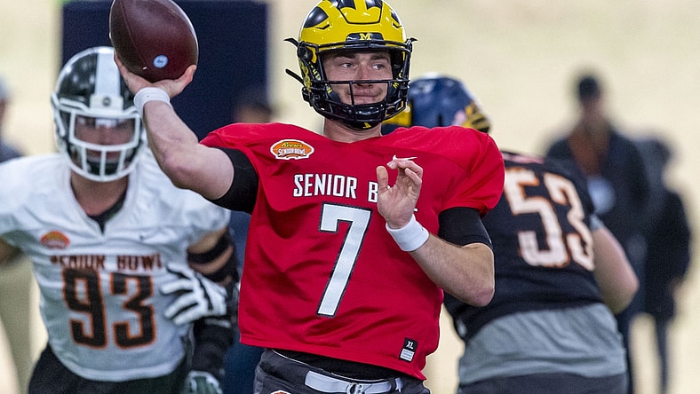 Jan 23, 2020; Mobile, Alabama, USA; North quarterback Shea Patterson of Michigan (7) throws during Senior Bowl practice at University of South Alabama   s Jaguar Football Practice Facility. Mandatory Credit: Vasha Hunt-USA TODAY Sports
