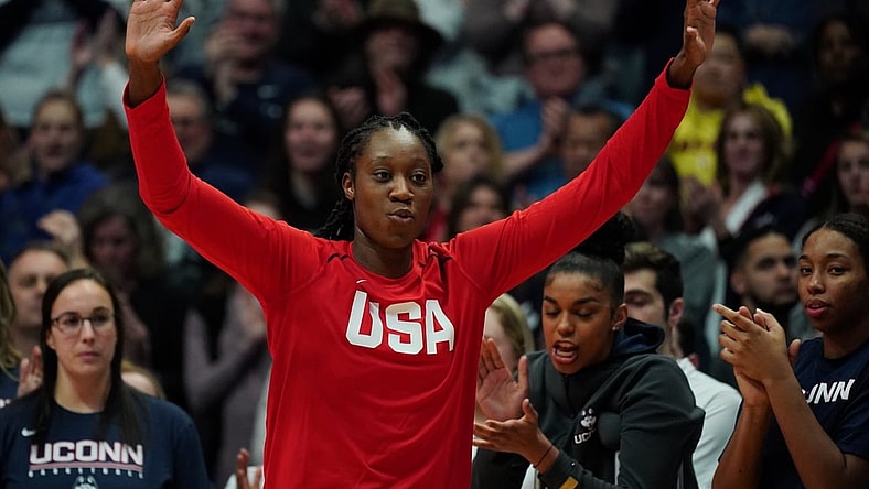 Jan 27, 2020; Hartford, Connecticut, USA; Former UConn Huskies player and 2020 USA Womens National Team center Tina Charles (14) is honored before the game against the UConn Huskies and 2020 USA Womens National Team at XL Center. Mandatory Credit: David Butler II-USA TODAY Sports
