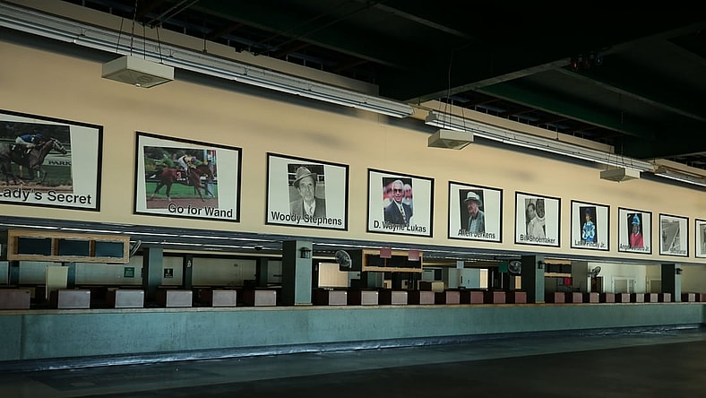 Jun 16, 2020; Elmont, New York, USA; Betting windows inside the grandstand at Belmont Park. Mandatory Credit: Brad Penner-USA TODAY Sports