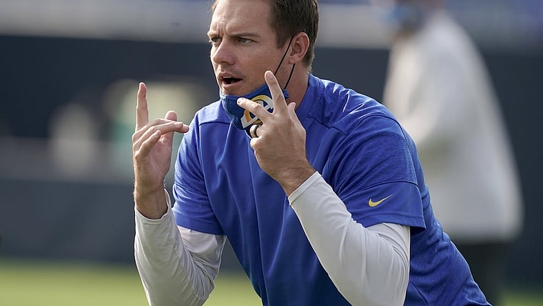 Aug 21, 2020; Thousand Oaks, CA, USA; Los Angeles Rams offensive coordinator Kevin O'Connell during training camp at Cal Lutheran University. Mandatory Credit: Kirby Lee-USA TODAY Sports