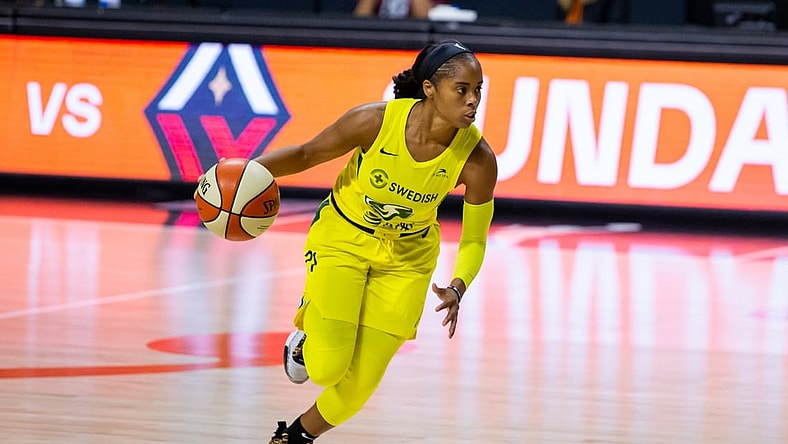 Oct 2, 2020; Bradenton, Florida, USA; Seattle Storm guard Jordin Canada (21) drives during game 1 of the WNBA finals against the Las Vegas Aces at IMG Academy. Mandatory Credit: Mary Holt-USA TODAY Sports
