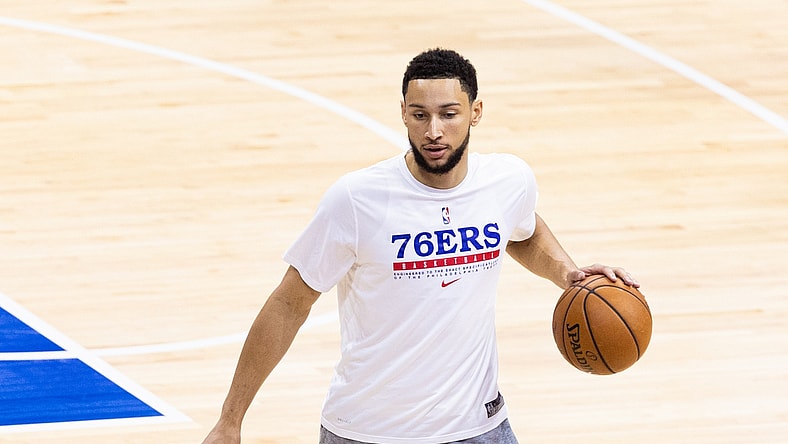 Jun 20, 2021; Philadelphia, Pennsylvania, USA; Former Philadelphia 76ers guard Ben Simmons warms up before game seven of the second round of the 2021 NBA Playoffs against the Atlanta Hawks at Wells Fargo Center. Mandatory Credit: Bill Streicher-USA TODAY Sports