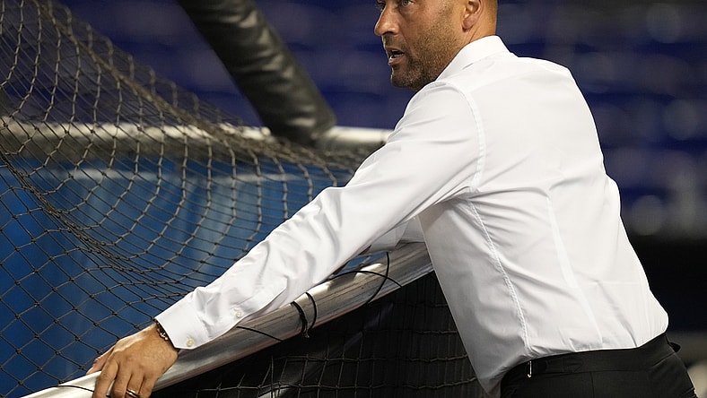 Jul 6, 2021; Miami, Florida, USA; Miami Marlins chief executive officer Derek Jeter watches batting practice prior to the game against the Los Angeles Dodgers at loanDepot park. Mandatory Credit: Jasen Vinlove-USA TODAY Sports