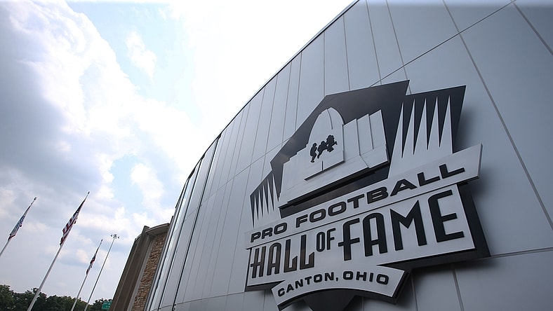 Aug 7, 2021; Canton, Ohio, USA;  General view of signage at the Professional Football Hall of Fame before the HOF enshrinement ceremonies at Tom Benson Hall of Fame Stadium. Mandatory Credit: Charles LeClaire-USA TODAY Sports