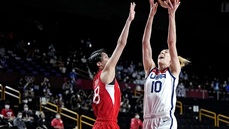 Aug 8, 2021; Saitama, Japan; United States forward Breanna Stewart (10) shoots the ball against Japan centre Maki Takada (8) in the women's basketball gold medal match during the Tokyo 2020 Olympic Summer Games at Saitama Super Arena. Mandatory Credit: James Lang-USA TODAY Sports