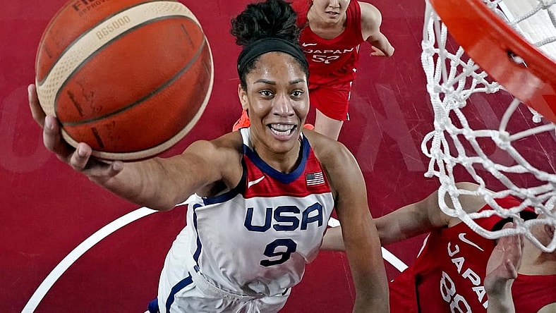 Aug 8, 2021; Saitama, Japan; United States forward A'Ja Wilson (9) shoots the ball Japan small forward Himawari Akaho (88) in the women's basketball gold medal match during the Tokyo 2020 Olympic Summer Games at Saitama Super Arena. Mandatory Credit: Kyle Terada-USA TODAY Sports