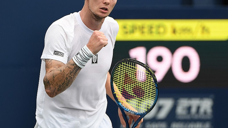 Aug 10, 2021; Toronto, Ontario, Canada;  Alexander Bublik of Kazakhstan reacts after winning he first set against Daniil Medvedev of Russia   in second round play in the National Bank Open at Aviva Centre. Mandatory Credit: Dan Hamilton-USA TODAY Sport