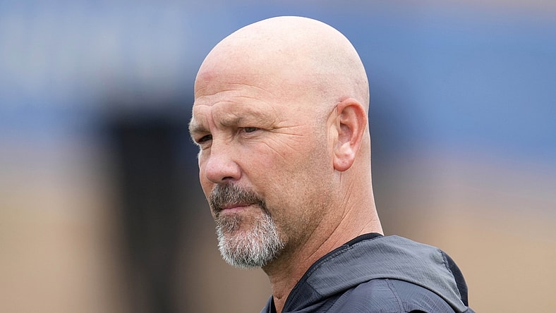 Aug 18, 2021; Thousand Oaks, CA, USA; Las Vegas Raiders defensive coordinator Gus Bradley looks on during a joint practice against the Los Angeles Rams. Mandatory Credit: Kirby Lee-USA TODAY Sports