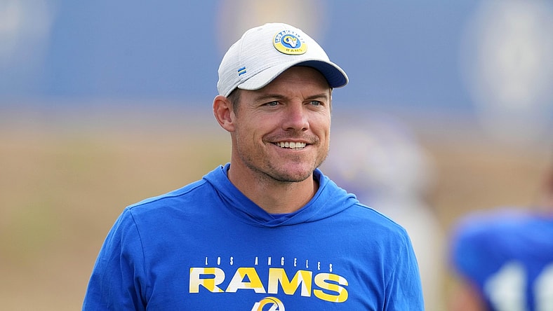 Aug 19, 2021; Thousand Oaks, CA, USA; Los Angeles Rams offensive coordinator Kevin O'Connell looks on during a joint practice against the Las Vegas Raiders. Mandatory Credit: Kirby Lee-USA TODAY Sports