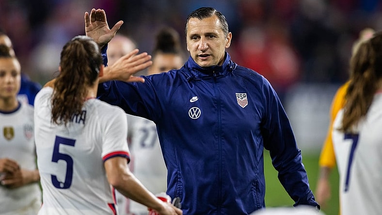 Sep 21, 2021; Cincinnati, Ohio, USA; United States head coach Vlatko Andonovski high fives defender Kelley O'Hara (5) after an international friendly soccer match against Paraguay at TQL Stadium. Mandatory Credit: Trevor Ruszkowski-USA TODAY Sports