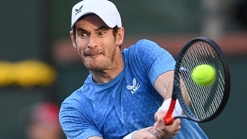 Oct 12, 2021; Indian Wells, CA, USA; Andy Murray (GBR) hits a shot against Alexander Zverev (GER) during a third round match in the BNP Paribas Open at the Indian Wells Tennis Garden. Mandatory Credit: Jayne Kamin-Oncea-USA TODAY Sports