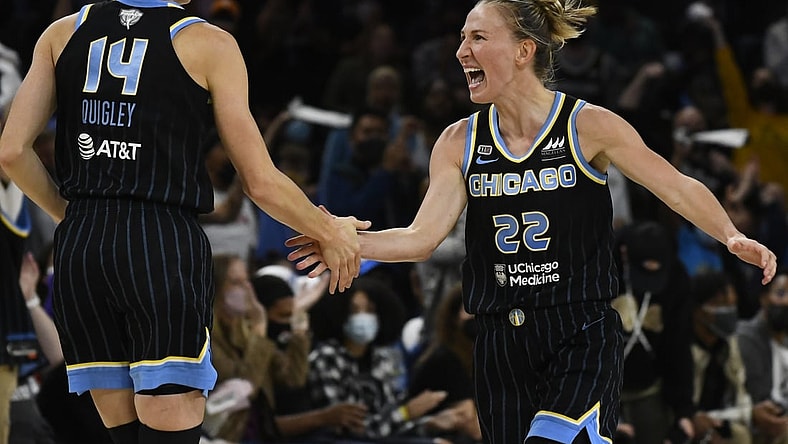 Oct 15, 2021; Chicago, Illinois, USA; Chicago Sky guard Allie Quigley (14) and Chicago Sky guard Courtney Vandersloot (22) during the first half of game three of the 2021 WNBA Finals against the Phoenix Mercury  at Wintrust Arena. Mandatory Credit: Matt Marton-USA TODAY Sports