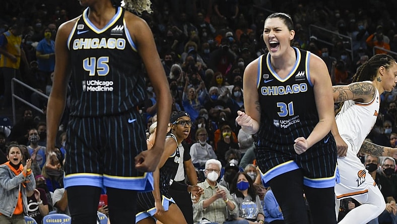 Oct 15, 2021; Chicago, Illinois, USA; Chicago Sky center/forward Astou Ndour-Fall (45) and center Stefanie Dolson (31) during the first half of game three of the 2021 WNBA Finals against the Phoenix Mercury  at Wintrust Arena. Mandatory Credit: Matt Marton-USA TODAY Sports