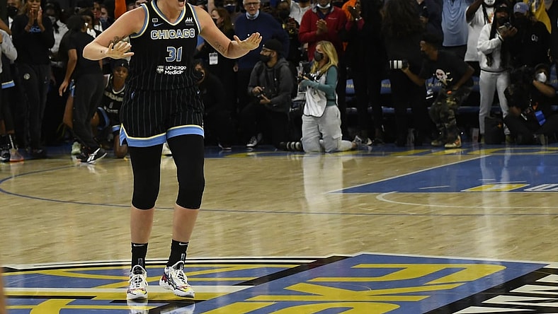 Oct 17, 2021; Chicago, Illinois, USA; Chicago Sky center Stefanie Dolson (31) during the second half of game four of the 2021 WNBA Finals against the Phoenix Mercury at Wintrust Arena. Mandatory Credit: Matt Marton-USA TODAY Sports